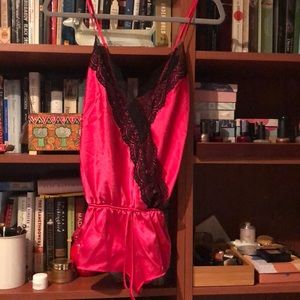 Hot pink and black lace VS romper